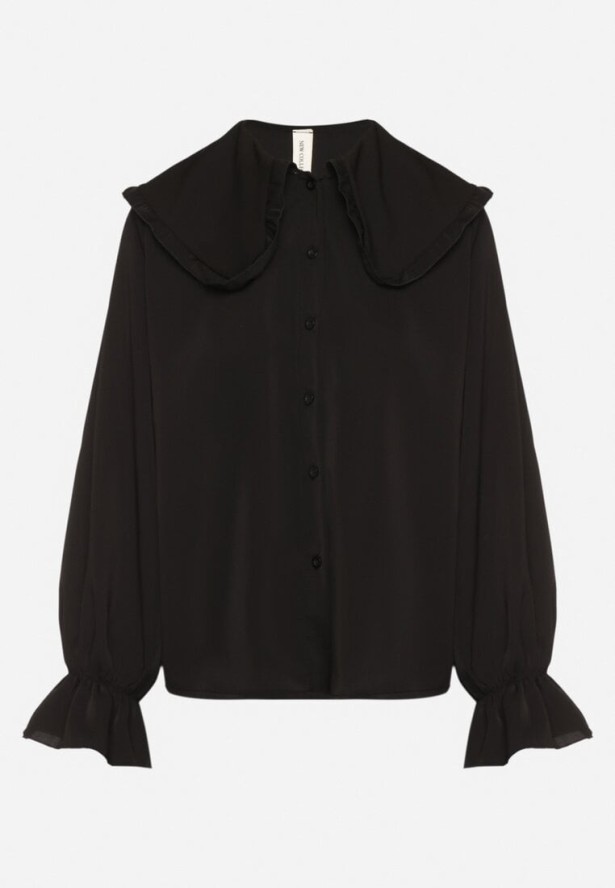 Czarna Koszula z Ozdobnym Kołnierzykiem i Falbankami Emilarae