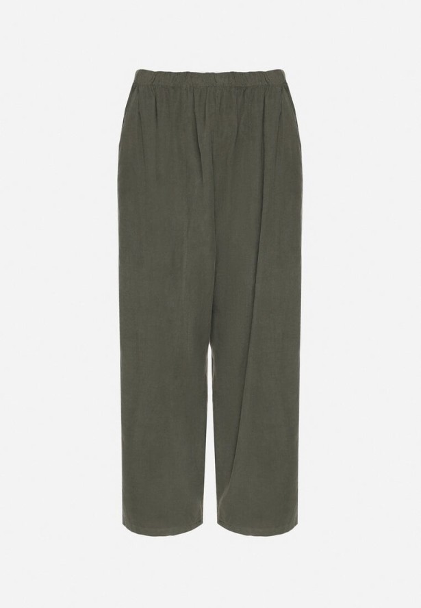 Ciemnozielone Szerokie Spodnie z Bawełny z Wysokim Stanem Florili