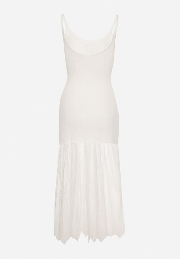 Biała Prążkowana Sukienka Koktajlowa Ozdobiona Koronką Sonalitea