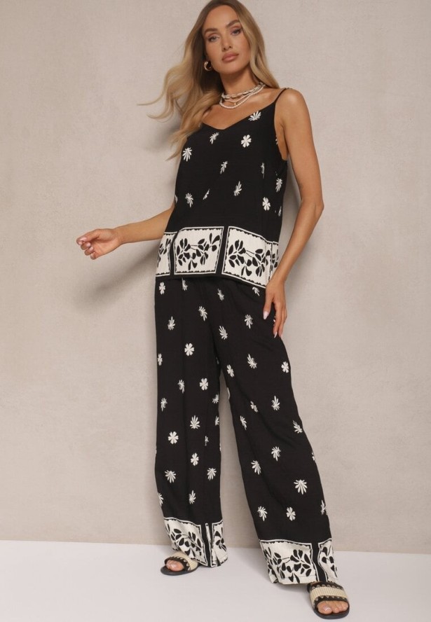 Czarny Kwiatowy Komplet z Wiskozy Spodnie i Koszulka na Ramiączkach Beldisa