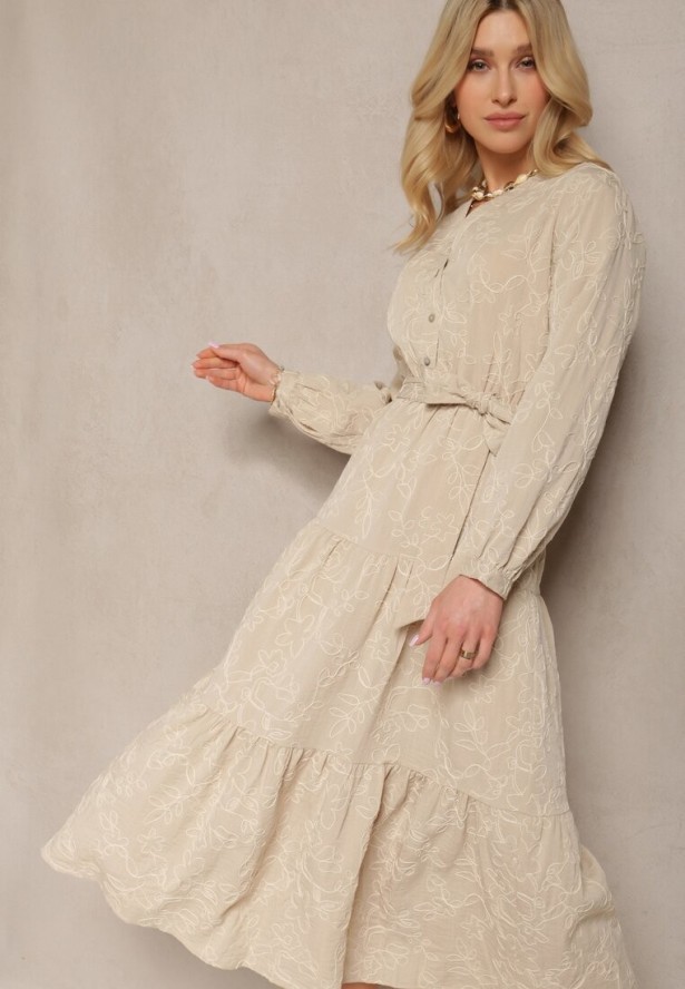 Beżowa Sukienka z Falbankami Gumką w Talii i Wiązanym Paskiem Obinella