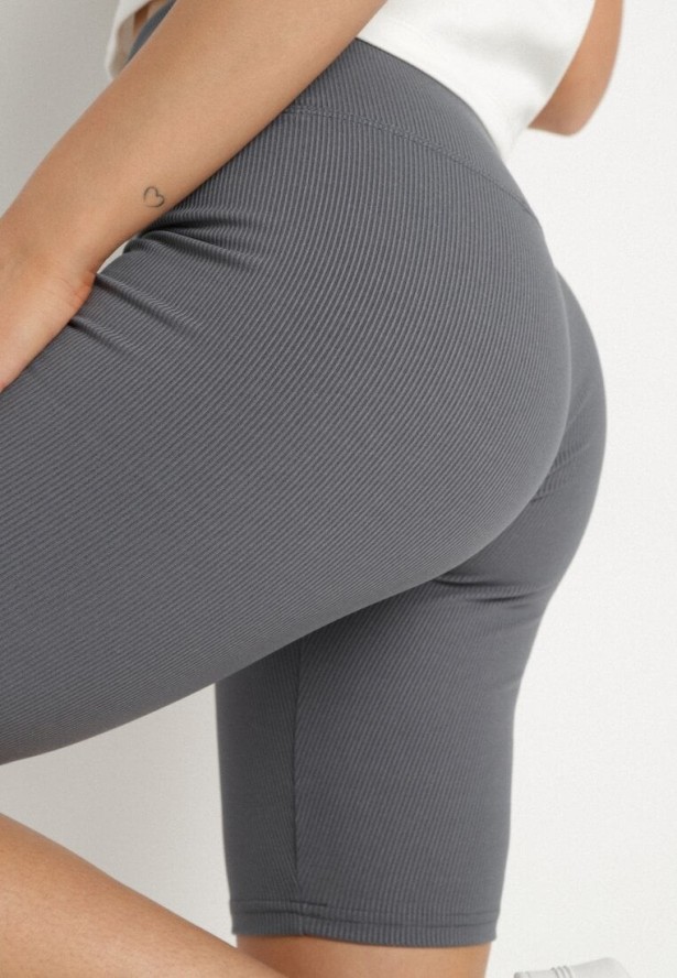 Szare Szorty Kolarki z Prążkowanej Tkaniny z Wysokim Stanem Rinwena