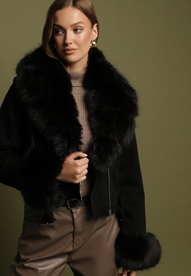 Czarna Ocieplana Kurtka Ramoneska z Futrem przy Kołnierzu i Rękawach Mevesala