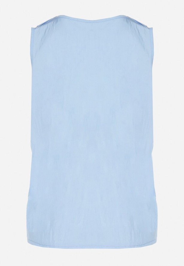 Niebieska Bluzka z Wiskozą Zdobiona Falbaną przy Dekolcie Palissea