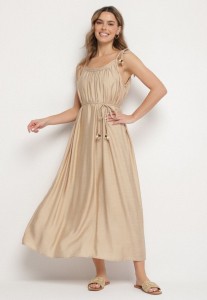 Beżowa Sukienka z Wiskozy na Wiązanych Ramiączkach z Plecionym Paskiem Mirazelia