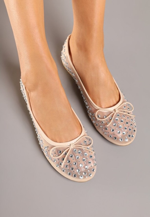Beżowe Siateczkowe Balerinki Zdobione Cyrkoniami i Kokardką Revia
