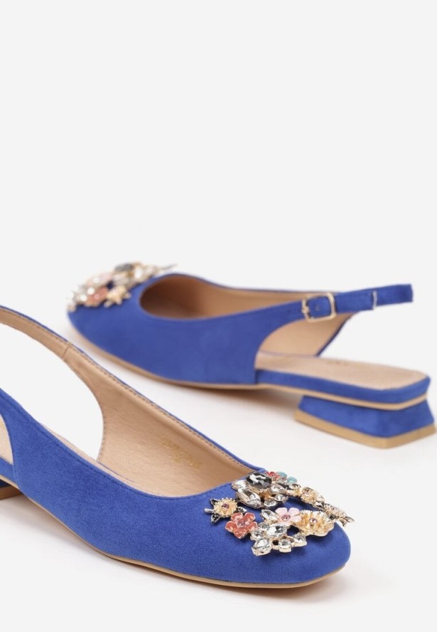 Niebieskie Czółenka Slingback Vices z Cyrkoniami i Wkładką ze Skóry Eklina