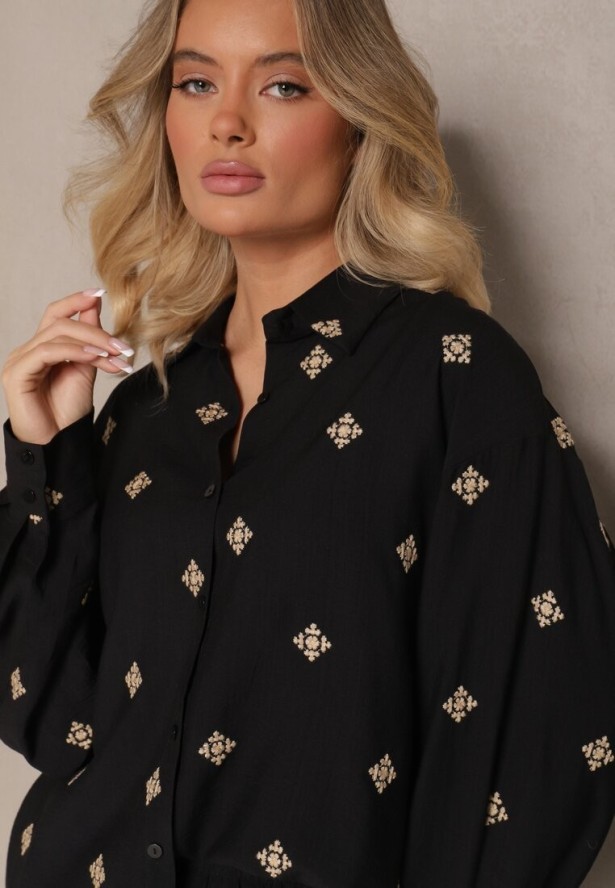 Czarny Komplet z Wiskozy Koszula Zdobiona Haftem i Szerokie Spodnie Hanarella