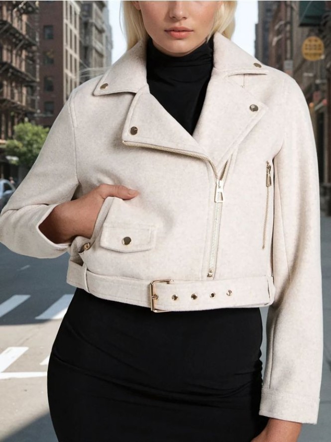 Kurtka ramoneska z paskiem - kremowy