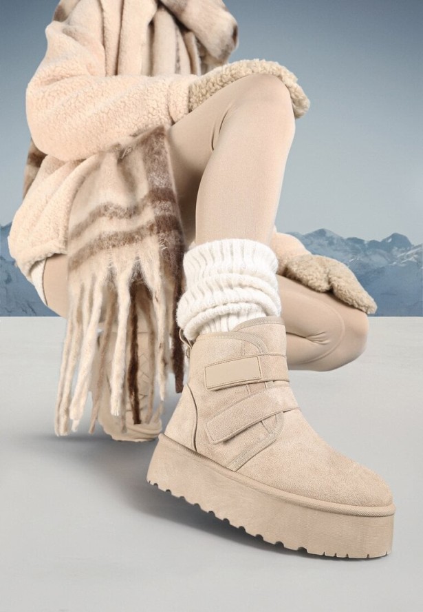 Beżowe Śniegowce na Grubej Podeszwie Zapinane na Rzepy Tarorelle
