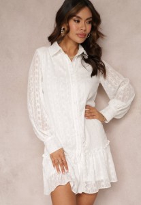Biała Koronkowa Sukienka Koszulowa z Falbanką Saniah