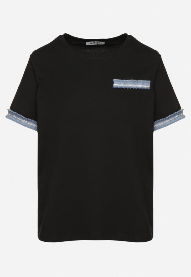 Czarna Bluzka Oversize z Bawełny z Krótkim Rękawem i Ozdobnymi Lamówkami Calnil