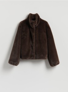Sztuczne futerko z wysokim kołnierzem - ciemnobrązowy