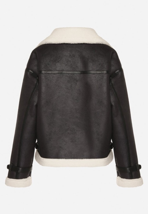 Czarna Kurtka Ramoneska Biker z Futerkiem i Paskami z Klamrami Mandrie