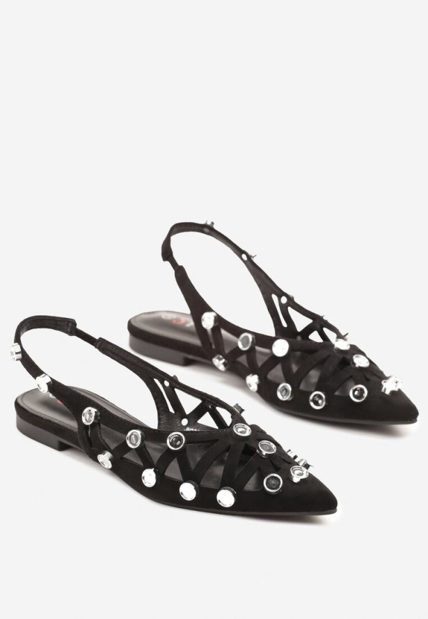 Czarne Sandały Ażurowe Typu Slingback Ozdobione Aplikacjami Lisanorea