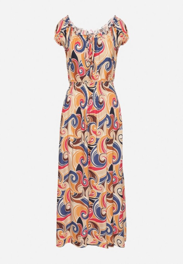 Pomarańczowa Bawełniana Sukienka z Abstrakcyjnym Wzorem i Gumką w Pasie Orralisa