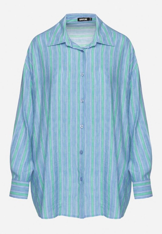 Niebieska Koszula z Wiskozą Ozdobiona Paskami Liavona