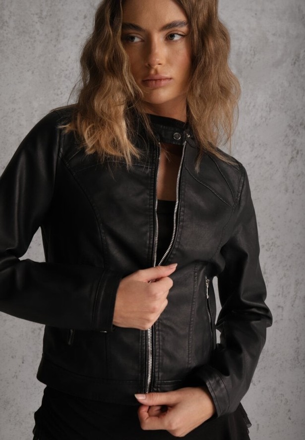 Czarna Taliowana Kurtka Ramoneska o Klasycznym Fasonie Tessana