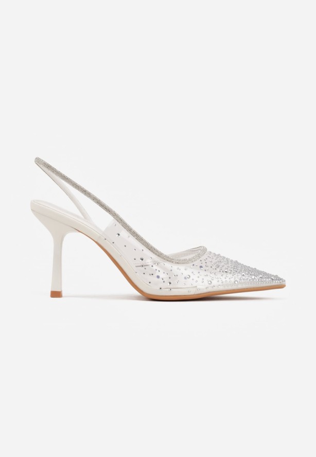 Białe Szpilki Slingback z Transparentną Cholewką i Cyrkoniami Liaceran