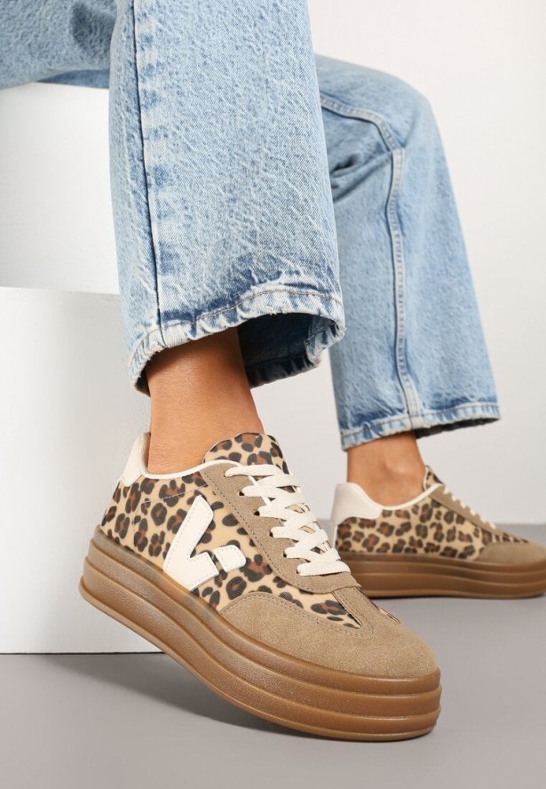 Beżowe Panterkowe Sneakersy w Stylu Tenisówek Ellienne
