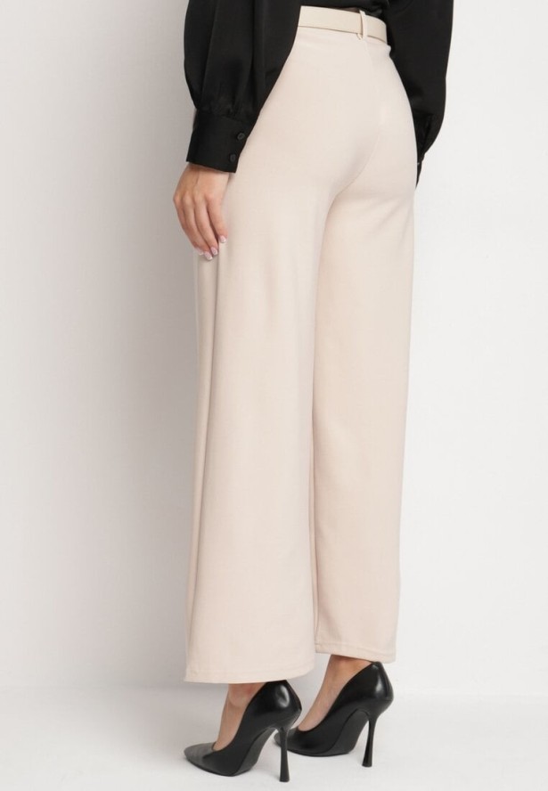 Beżowe Spodnie Garniturowe z Wysokim Stanem Gumką w Pasie i Dodatkowym Paskiem Fariatta