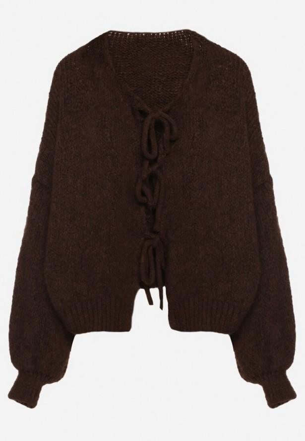 Brązowy Kardigan Oversize z Wełną Zdobiony Kokardkami Eleathalie