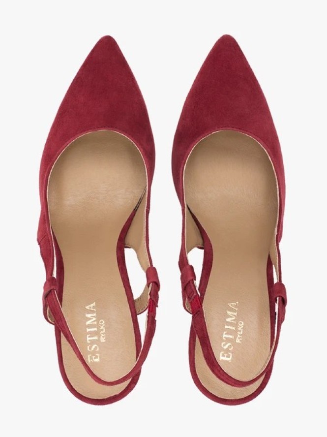 Bordowe czółenka slingback bez pięty ze skóry welurowej