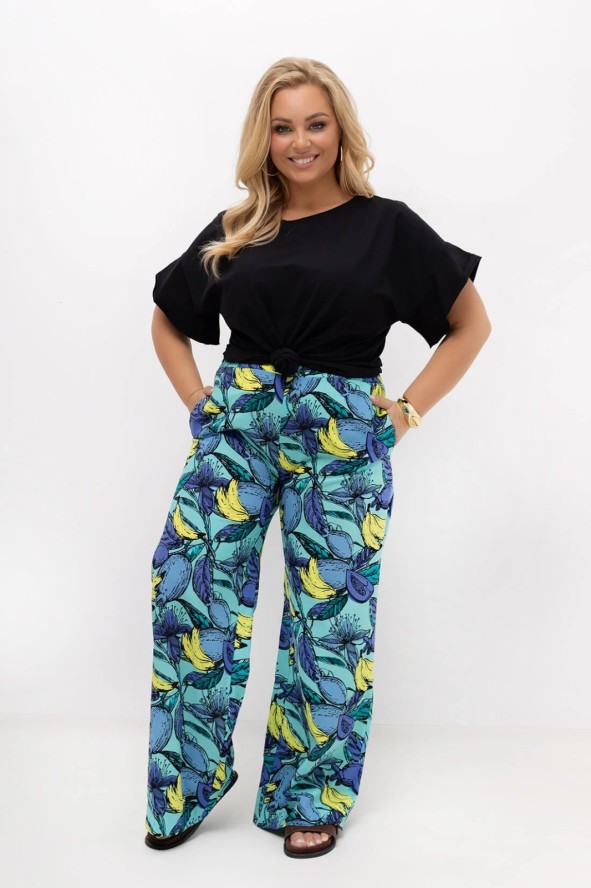 Turkusowe spodnie Marisa w owocowy wzór | Prosta nogawka | Rayon z bawełną | PLUS SIZE OVERSIZE LATO