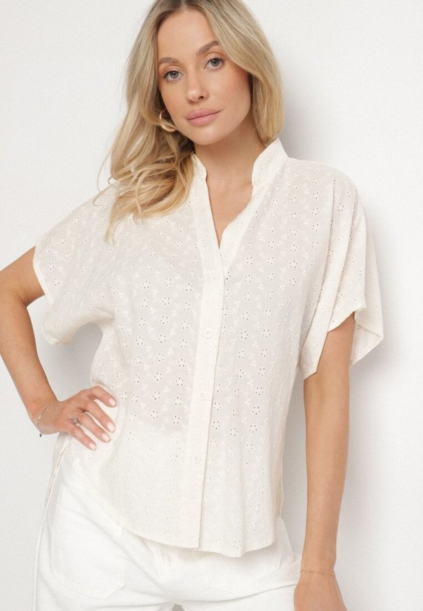 Ciemnobeżowa Bawełniana Koszula z Ozdobnym Haftem Teladwena