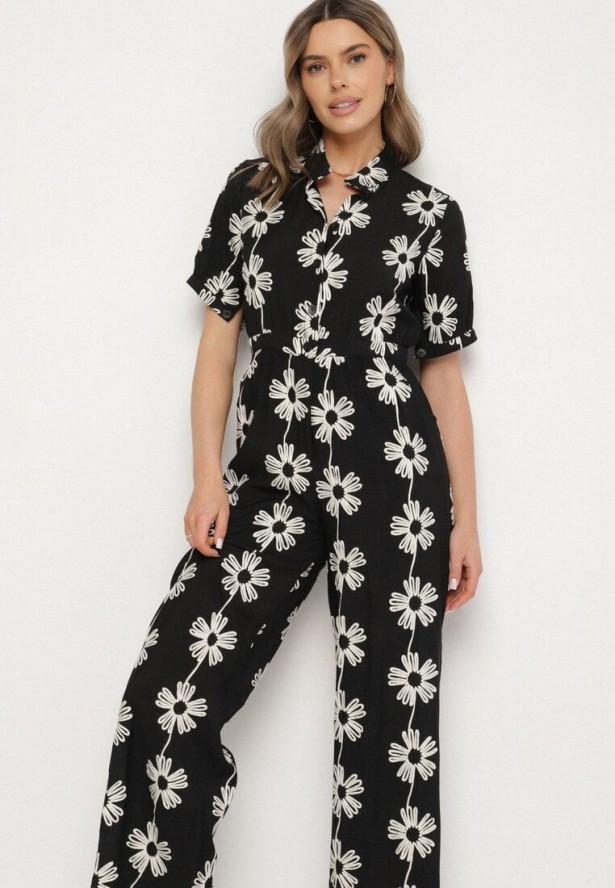 Czarny Wiskozowy Kombinezon o Koszulowym Kroju z Krótkim Rękawem i Kieszeniami Milaviela