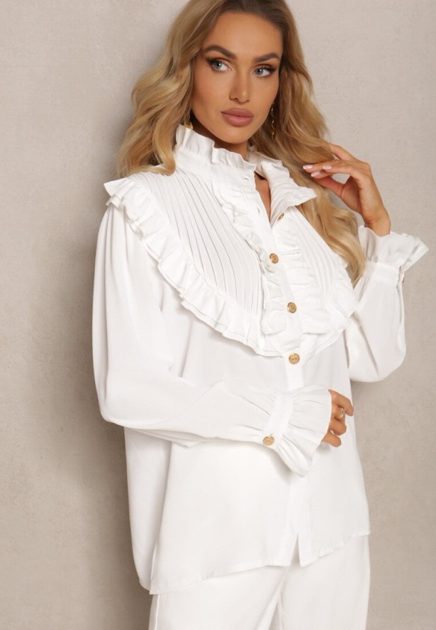 Biała Koszula z Ozdobną Falbanką i Żabotem Hansina