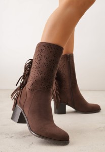Ciemnobrązowe Ażurowe Botki Typu Kowbojki ze Skórzaną Wkładką Ozdobione Frędzlami Ceziva