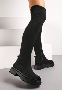 Czarne Dopasowane Kozaki za Kolano z Ekozamszu na Platformie Amante