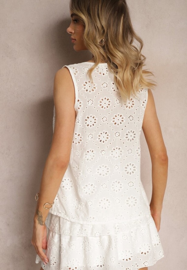 Biała Ażurowa Bluzka Top z Bawełny Bez Rękawów Aalnea