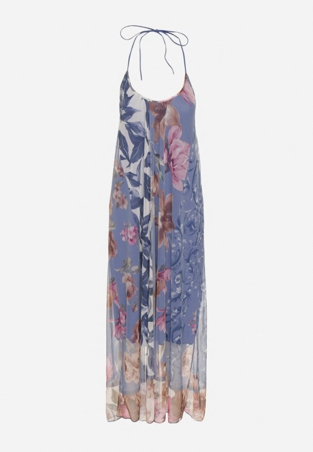 Niebieska Siateczkowa Sukienka z Wiskozą w Kwiatowy Wzór Izaleira