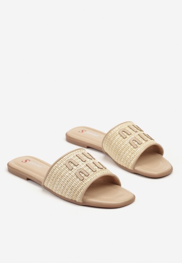 Beżowe Klapki z Ozdobną Plecionką i Aplikacją przy Cholewce Zarivelle