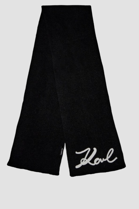 KARL LAGERFELD Czarny szalik damski Logo Signature z domieszką wełny