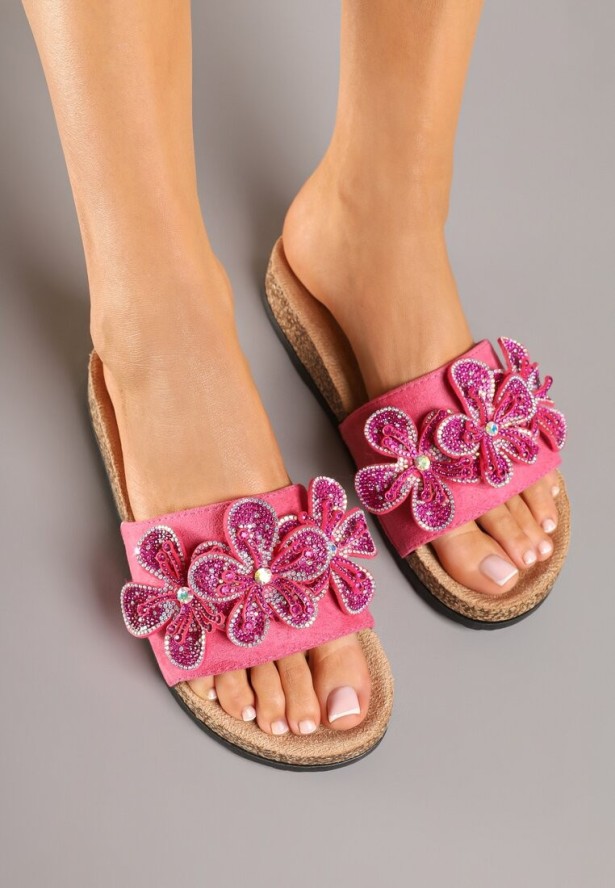 Fuksjowe Klapki Ozdobione Aplikacjami Kwiatów i Cyrkoniami Lilima