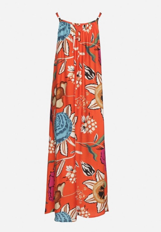 Czerwona Sukienka z Wiskozą i Lnem w Kwiaty Rinetia