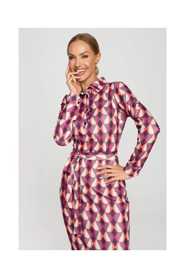 Ołówkowa sukienka z nadrukiem koszulowa góra i kołnierzyk