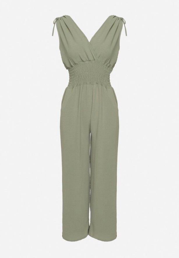 Zielony Kopertowy Kombinezon z Bawełną i Marszczeniami Lunirisa