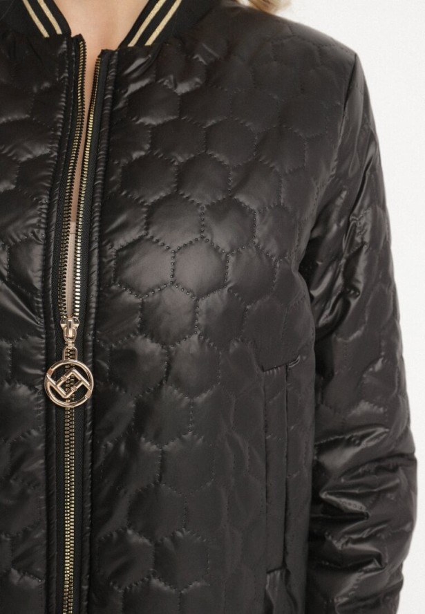 Czarna Kurtka w Stylu Bomberki Ozdobiona Pikowaniem i Paskami Desiriel