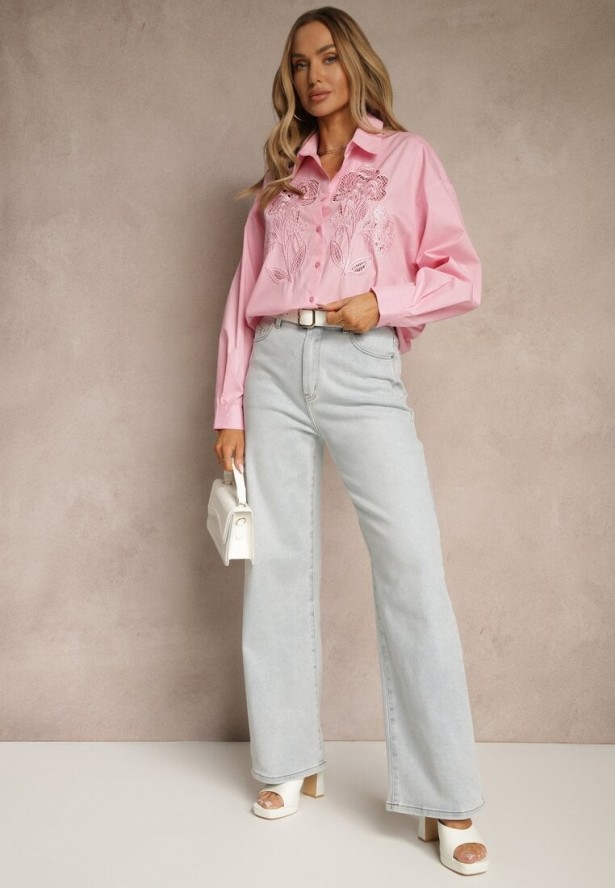 Różowa Koszula Oversize z Bawełny z Ażurowymi Zdobieniami z Motywem Kwiatowym Voesia