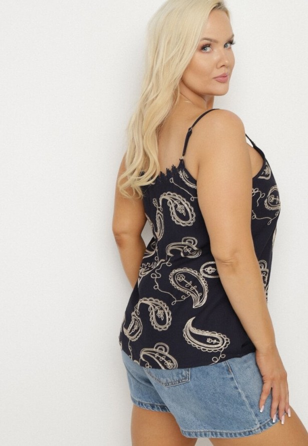 Granatowy Top na Cienkich Ramiączkach z Haftem i Metaliczną Nicią Palinoria