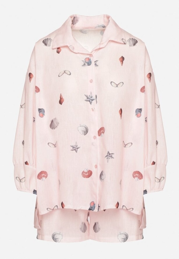 Różowy Komplet z Wiskozą Koszula i Szorty z Motywem Morskim Reivienne