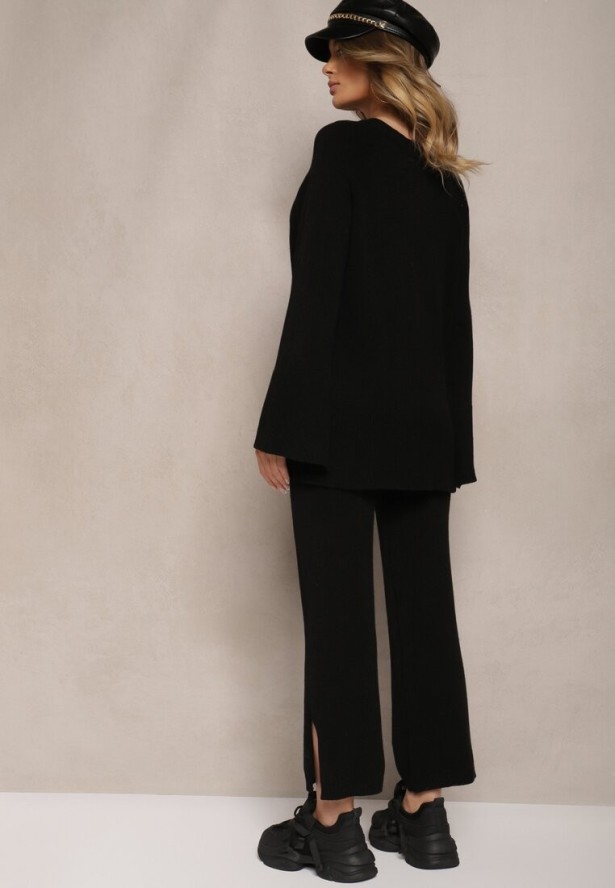 Czarny Dzianinowy Komplet z Wiskozą Sweter i Spodnie z Rozcięciami i Gumką w Pasie Malwizelle