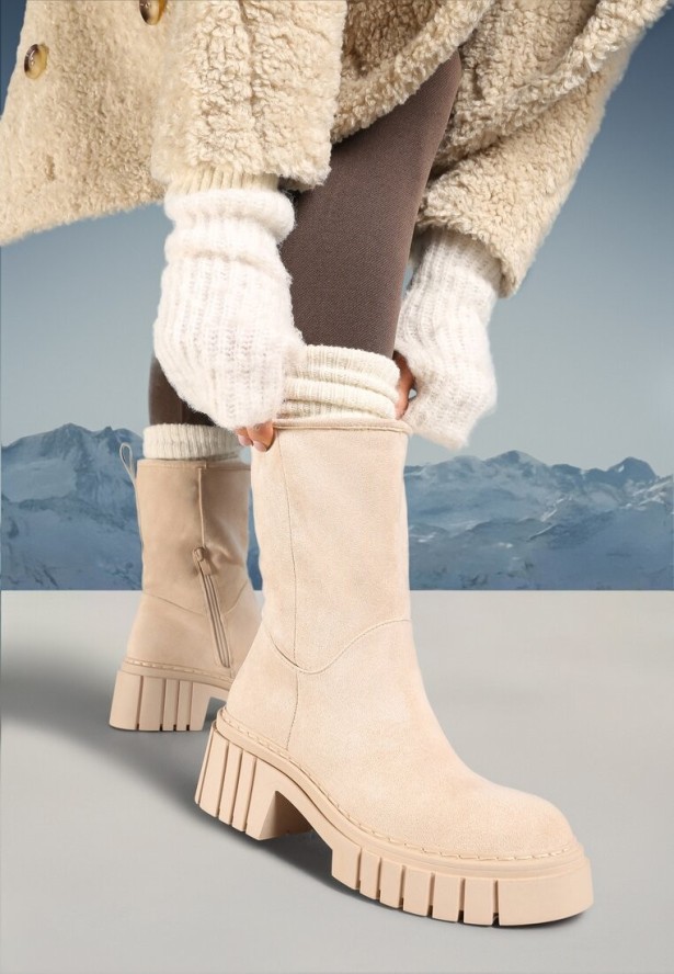 Beżowe Botki na Grubej Podeszwie Daldala