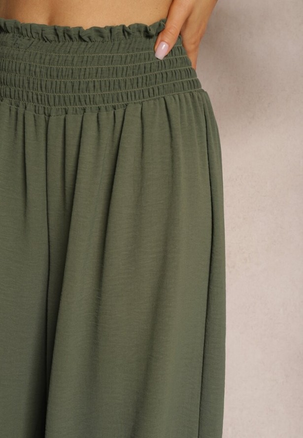 Ciemnozielone Spodnie High Waist z Szerokimi Nogawkami i Gumką w Pasie Risabessa