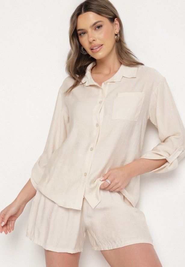 Beżowy Komplet z Wiskozy Koszula z Długim Rękawem i Szorty z Gumką w Pasie Efralice