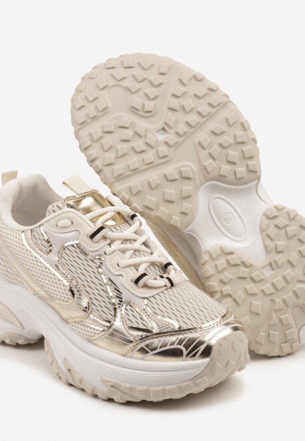 Złote Sneakersy na Grubej Podeszwie Ozdobione Geometrycznym Motywem Mevillia